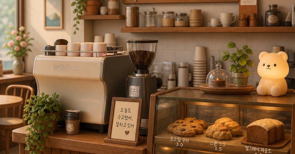 Counter of a cozy Korean cafe with pastries and a coffee machine