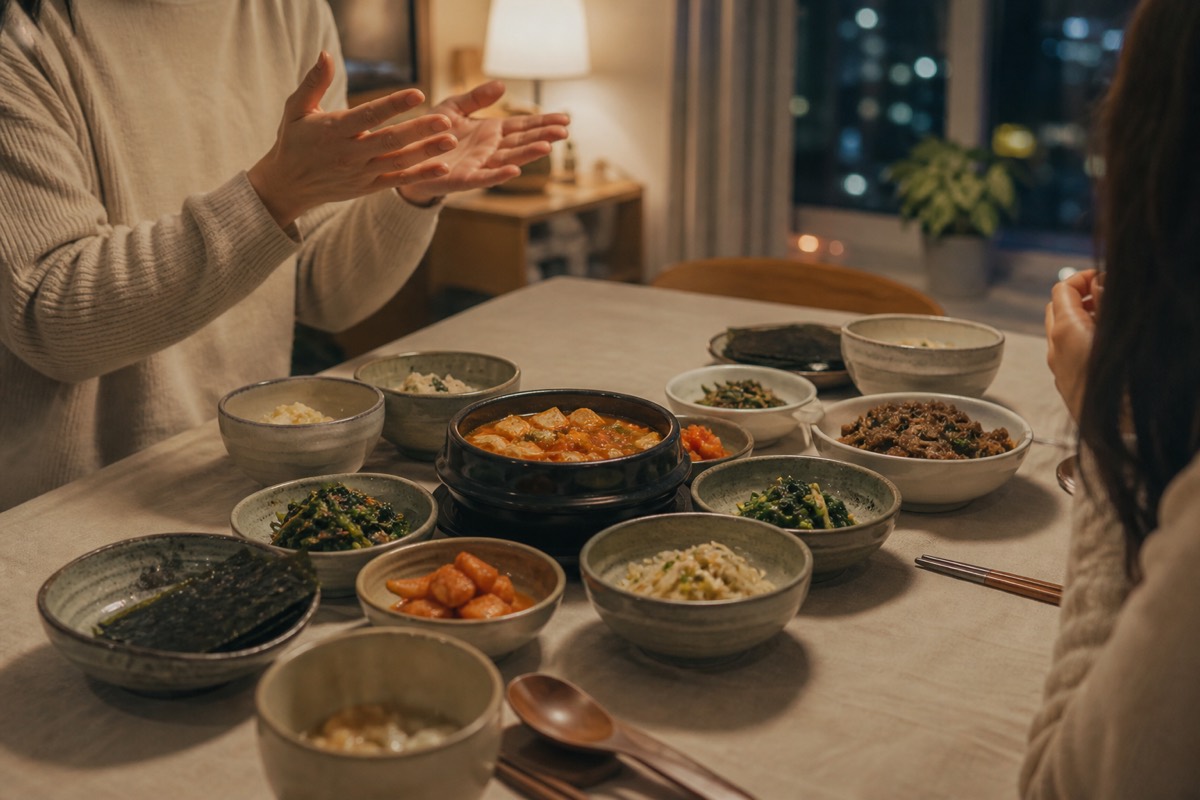 Korean home-cooked dishes on a dining table