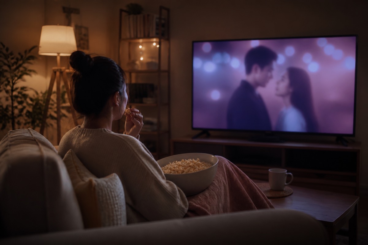 Cozy living room at night with a TV glowing softly
