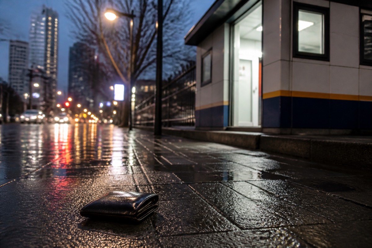 A lost wallet on a wet Seoul sidewalk near a police box