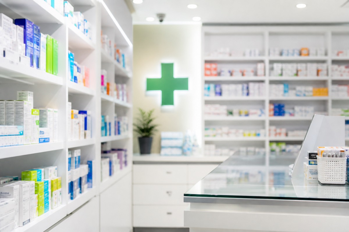 Clean Korean pharmacy interior with medicine shelves and counter