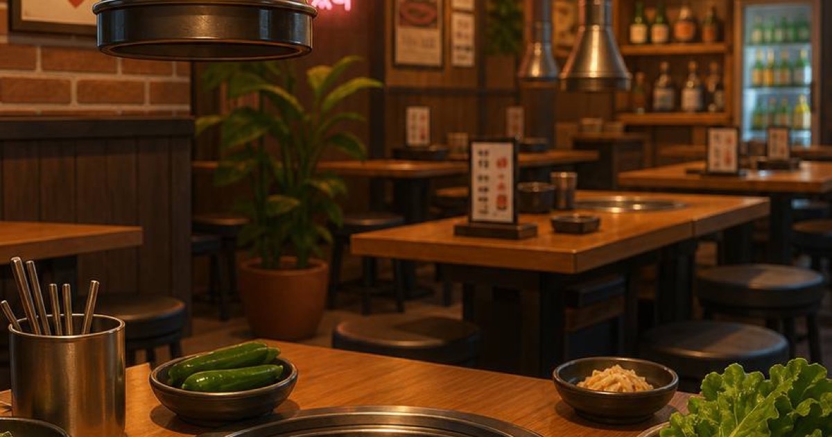 A Korean BBQ restaurant dining room set for a meal
