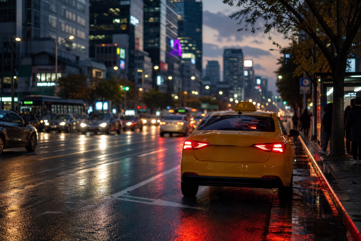 Yellow Korean taxi waiting on a Seoul street at dusk