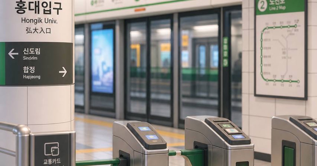 Turnstiles and platform signage at a Seoul subway station